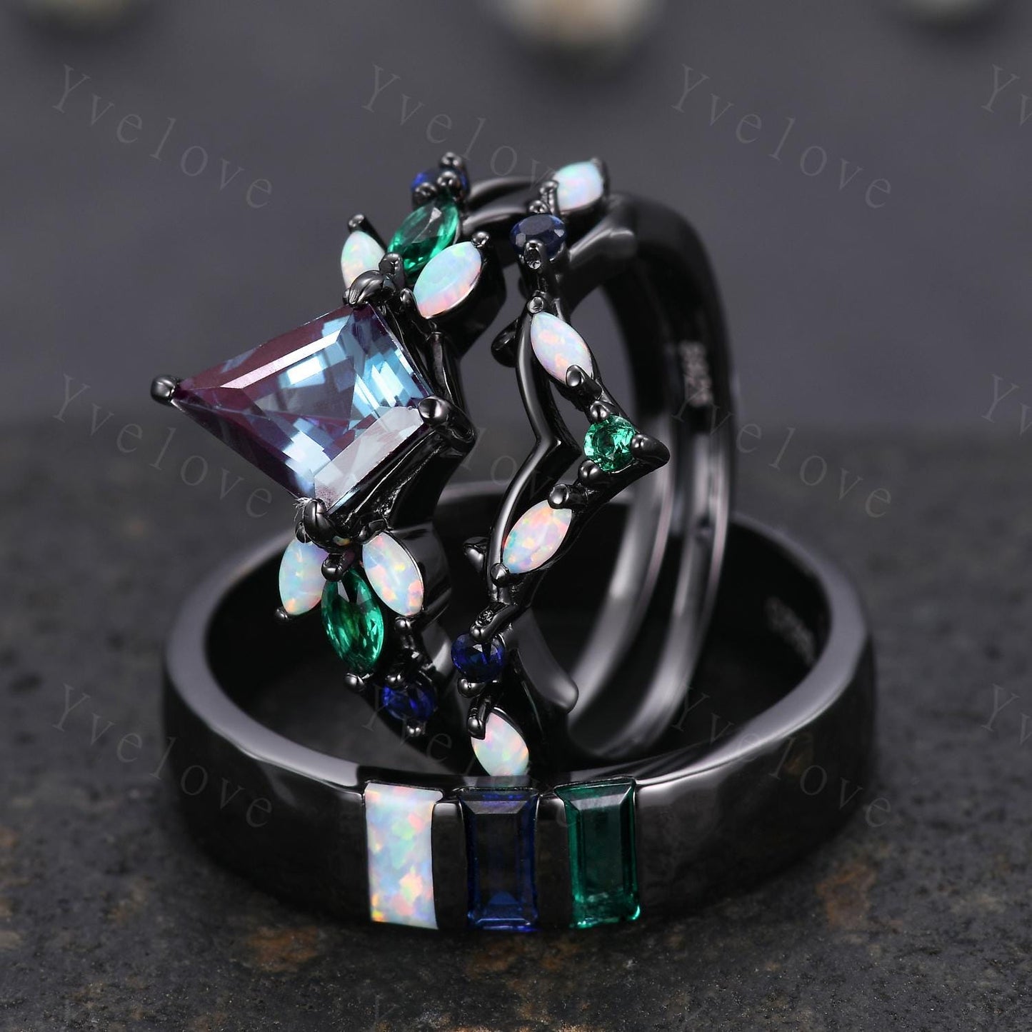 Couple Ring Set Mens Kite Alexandrite Engagement Ring Baguette Opal Sapphire Wedding Ring Black Band Mens Stacking Ring Birthstone Gift