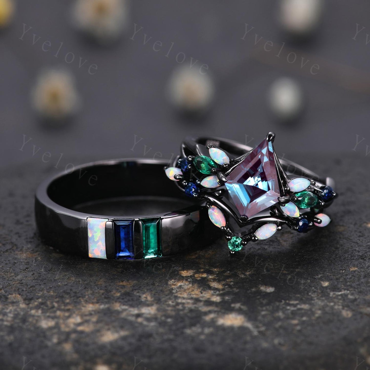 Couple Ring Set Mens Kite Alexandrite Engagement Ring Baguette Opal Sapphire Wedding Ring Black Band Mens Stacking Ring Birthstone Gift