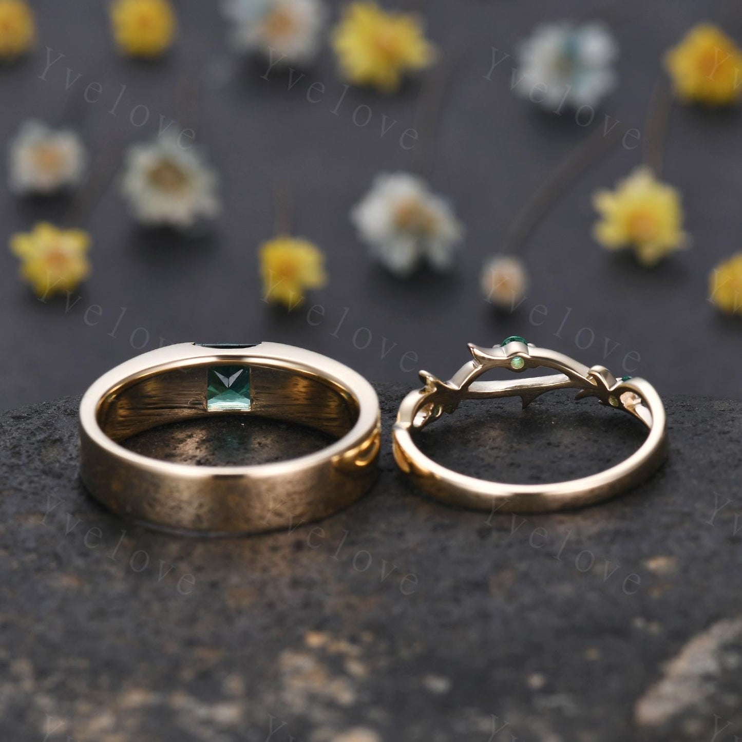 Couples ring set Green Emerald ring twig ring for men and women His and Hers wedding band Promise Stacking Matching Band Retro Vintage Gift