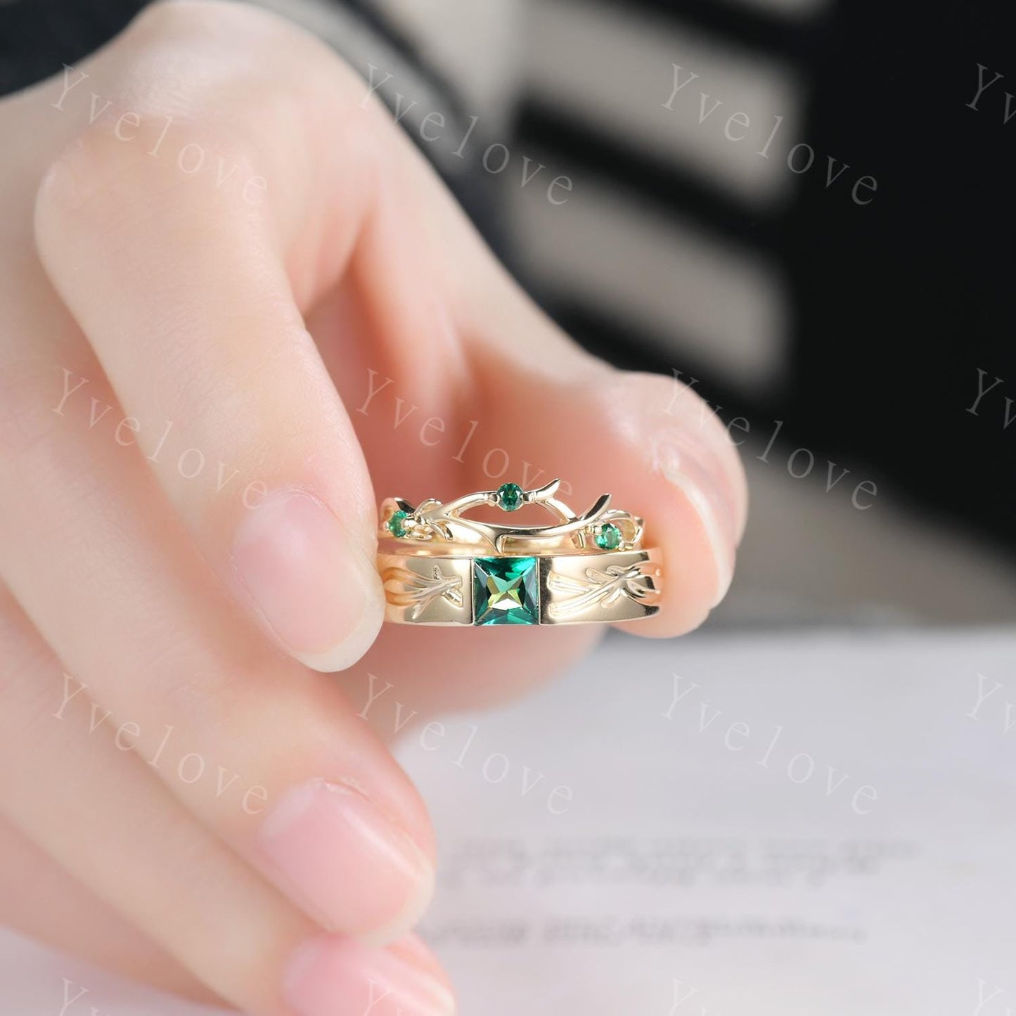 Couples ring set Green Emerald ring twig ring for men and women His and Hers wedding band Promise Stacking Matching Band Retro Vintage Gift