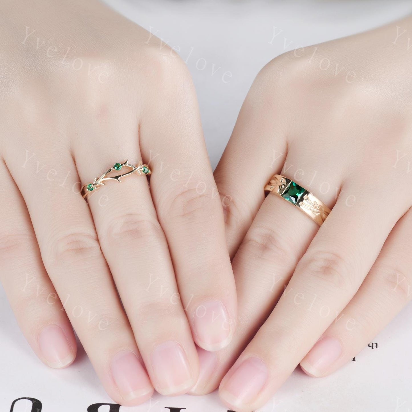 Couples ring set Green Emerald ring twig ring for men and women His and Hers wedding band Promise Stacking Matching Band Retro Vintage Gift