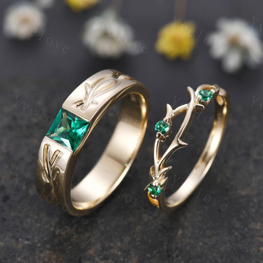 Couples ring set Green Emerald ring twig ring for men and women His and Hers wedding band Promise Stacking Matching Band Retro Vintage Gift