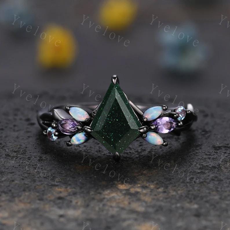 Vintage Kite Green Sandstone Engagement Ring Set,Black Gold,Vines Amethyst Opal Ring,Women Bridal Set,Unique Twig Anniversary Promise Ring