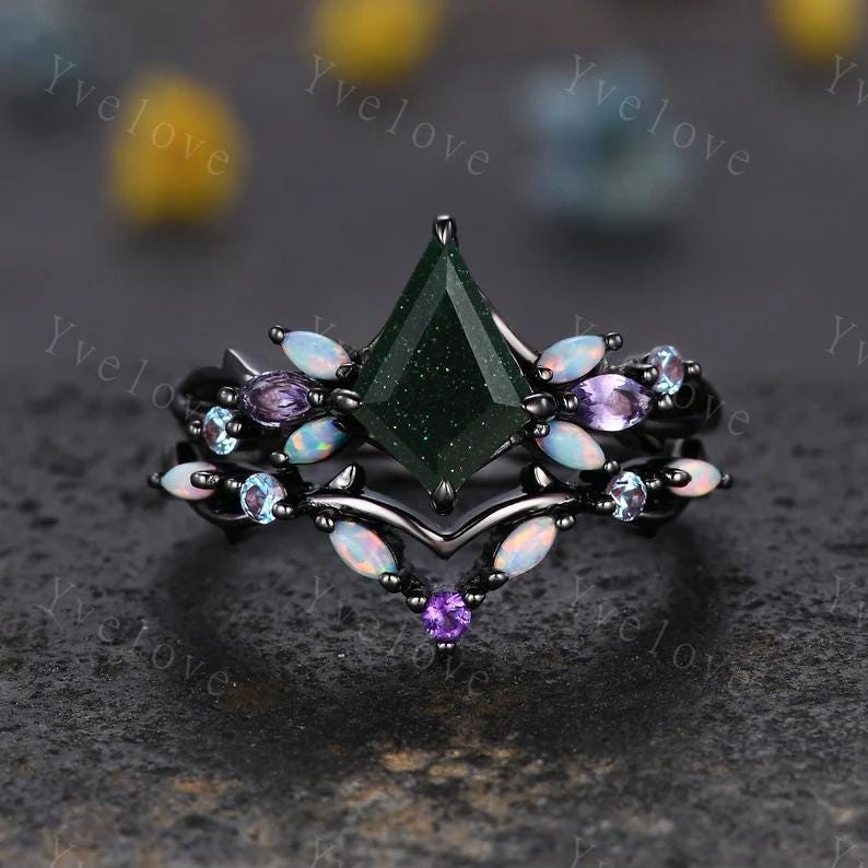 Vintage Kite Green Sandstone Engagement Ring Set,Black Gold,Vines Amethyst Opal Ring,Women Bridal Set,Unique Twig Anniversary Promise Ring