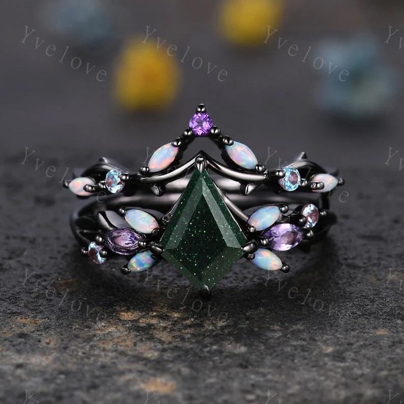 Vintage Kite Green Sandstone Engagement Ring Set,Black Gold,Vines Amethyst Opal Ring,Women Bridal Set,Unique Twig Anniversary Promise Ring