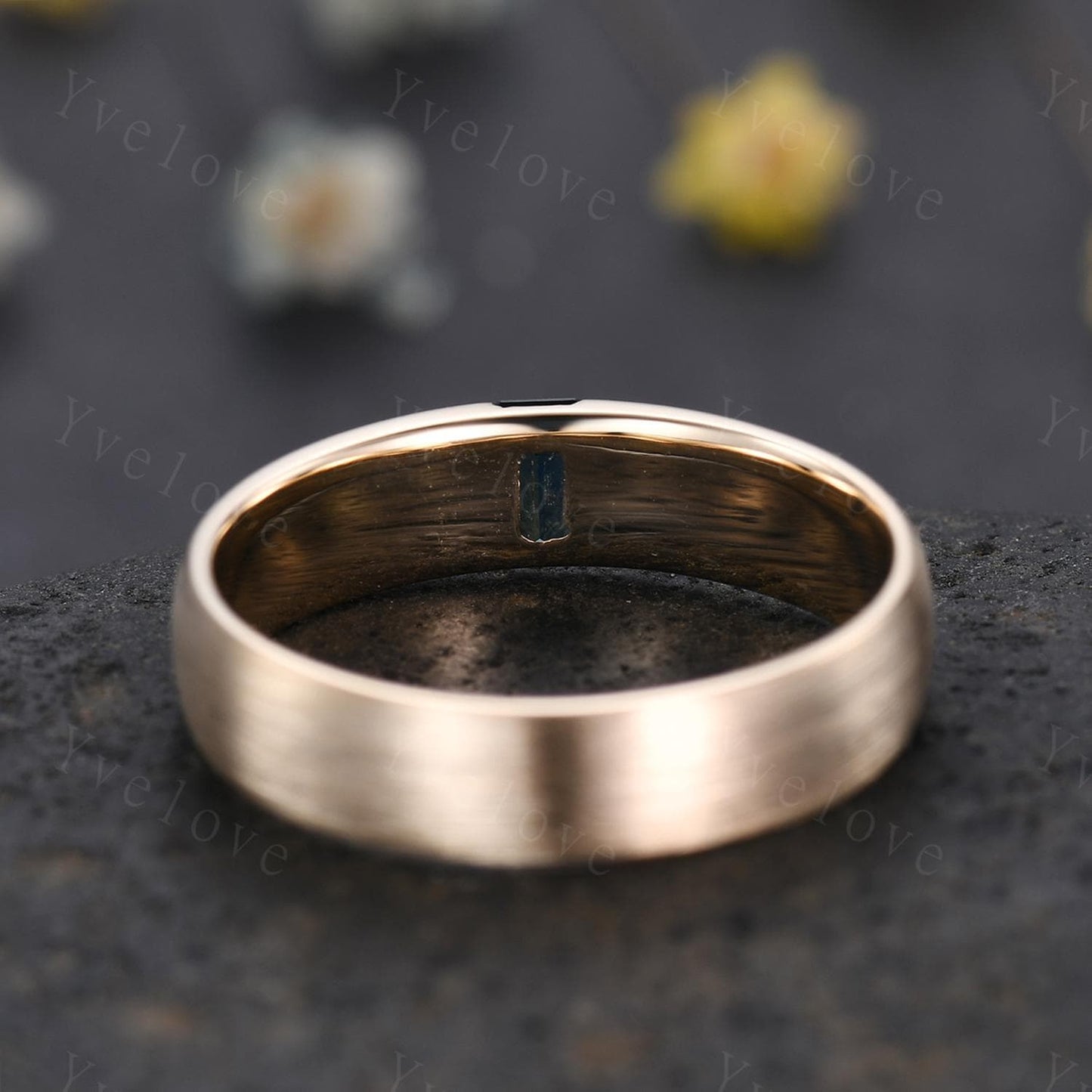 Mens Natural Teal Sapphire Wedding Band Baguette Sapphire Band 5mm Solid Gold Ring Brushed Stacking Matching Band Retro Vintage Ring Gift