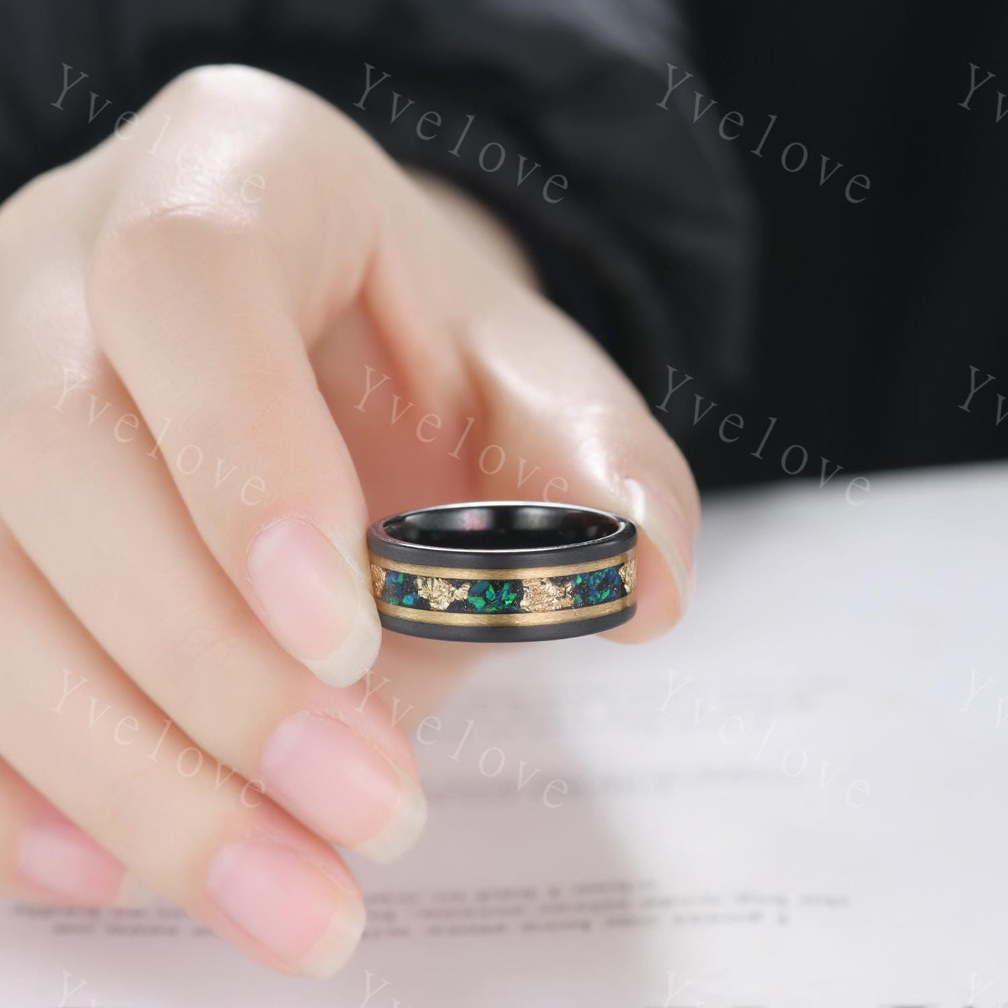 Vintage Oval Blue Opal Wedding Ring Set For Couples His and Her Wedding Band Black Tungsten Mens Ring Women Opal Engagement Promise Ring