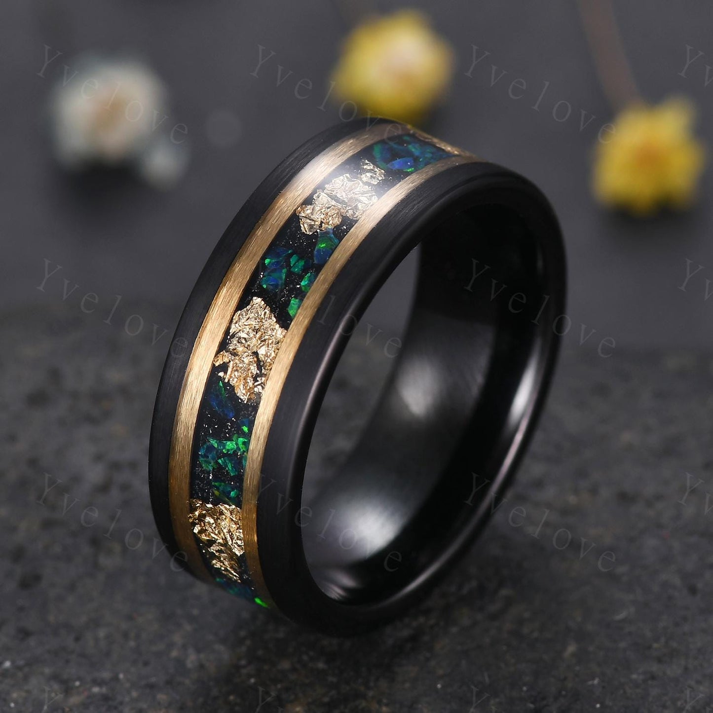 Vintage Oval Blue Opal Wedding Ring Set For Couples His and Her Wedding Band Black Tungsten Mens Ring Women Opal Engagement Promise Ring