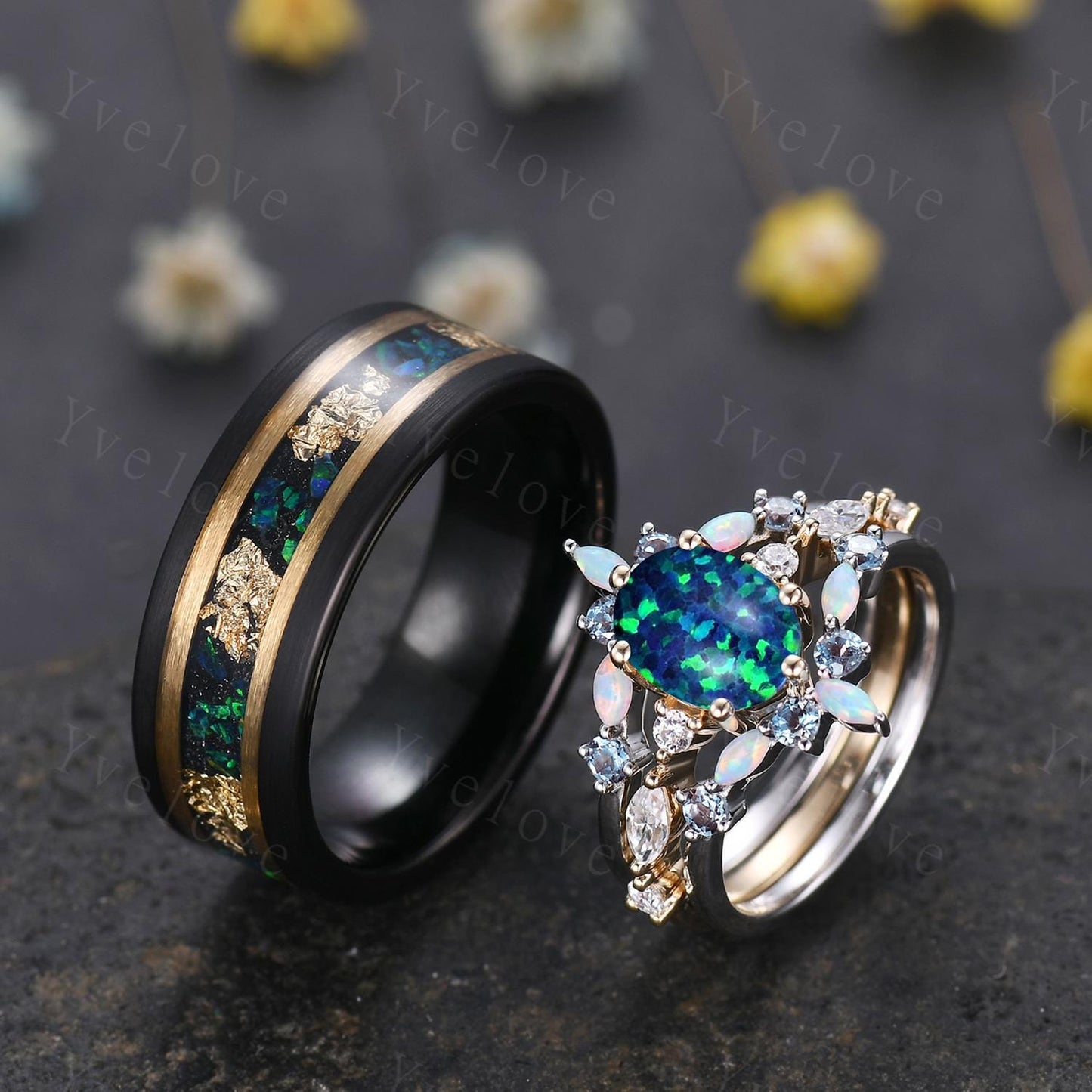 Vintage Oval Blue Opal Wedding Ring Set For Couples His and Her Wedding Band Black Tungsten Mens Ring Women Opal Engagement Promise Ring