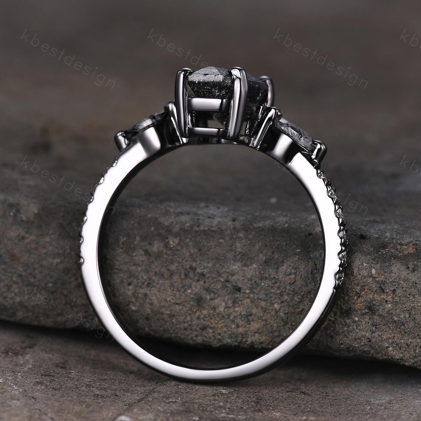 Vintage coffin cut black rutilated quartz ring Gothic black gold engagement ring unique ring Moissanite accents Anniversary promise ring