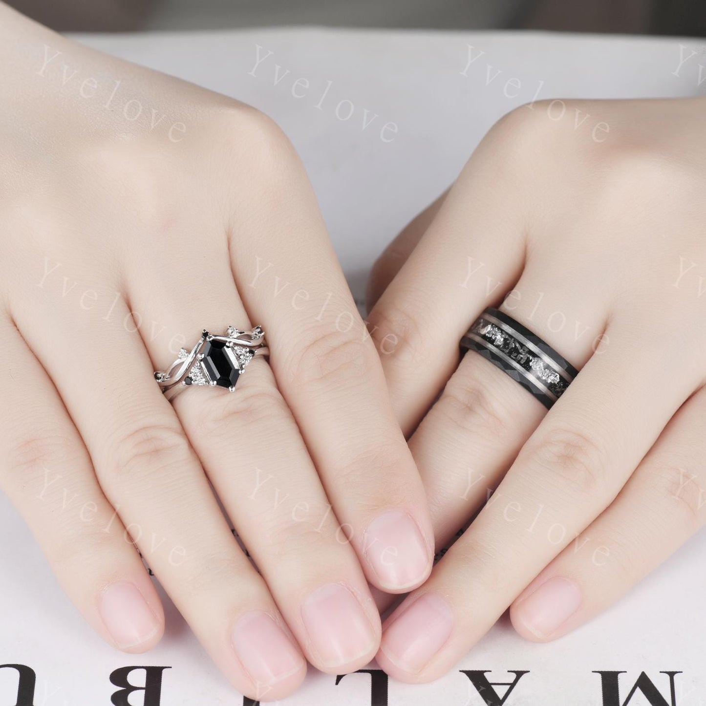 Hexagon Blue Onyx Couples Ring Set,Meteorite Ring,His and Hers Wedding Band,Mens Tungsten Black Gold Silver Anniversary Promise Ring Gift