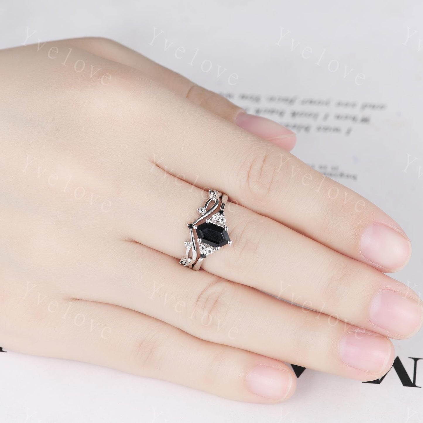 Hexagon Blue Onyx Couples Ring Set,Meteorite Ring,His and Hers Wedding Band,Mens Tungsten Black Gold Silver Anniversary Promise Ring Gift