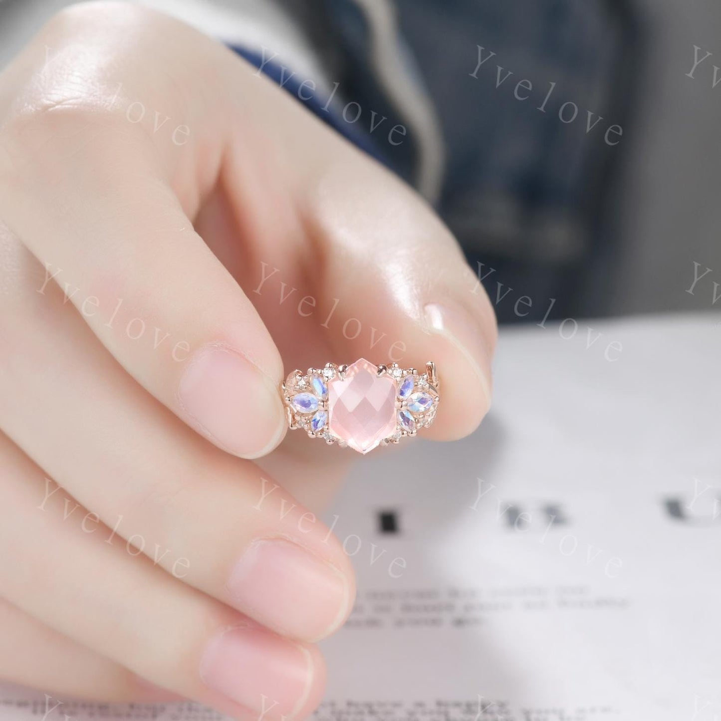 Vintage Hexagon Pink Rose Quartz engagement ring,Unique Marquise Moonstone Ring,Cluster Leaves Ring,Rose Gold,Women Bridal Wedding Band Gift