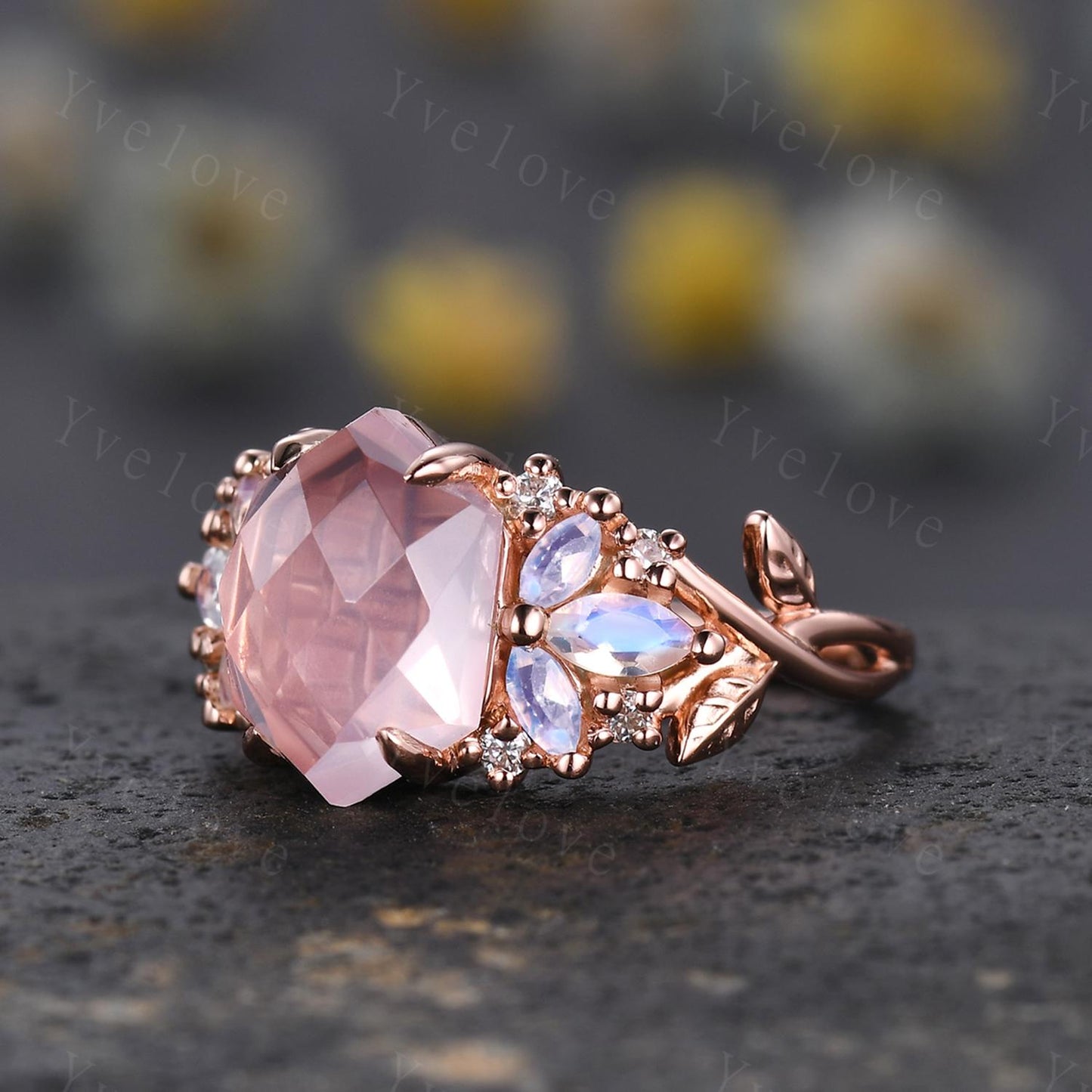 Vintage Hexagon Pink Rose Quartz engagement ring,Unique Marquise Moonstone Ring,Cluster Leaves Ring,Rose Gold,Women Bridal Wedding Band Gift