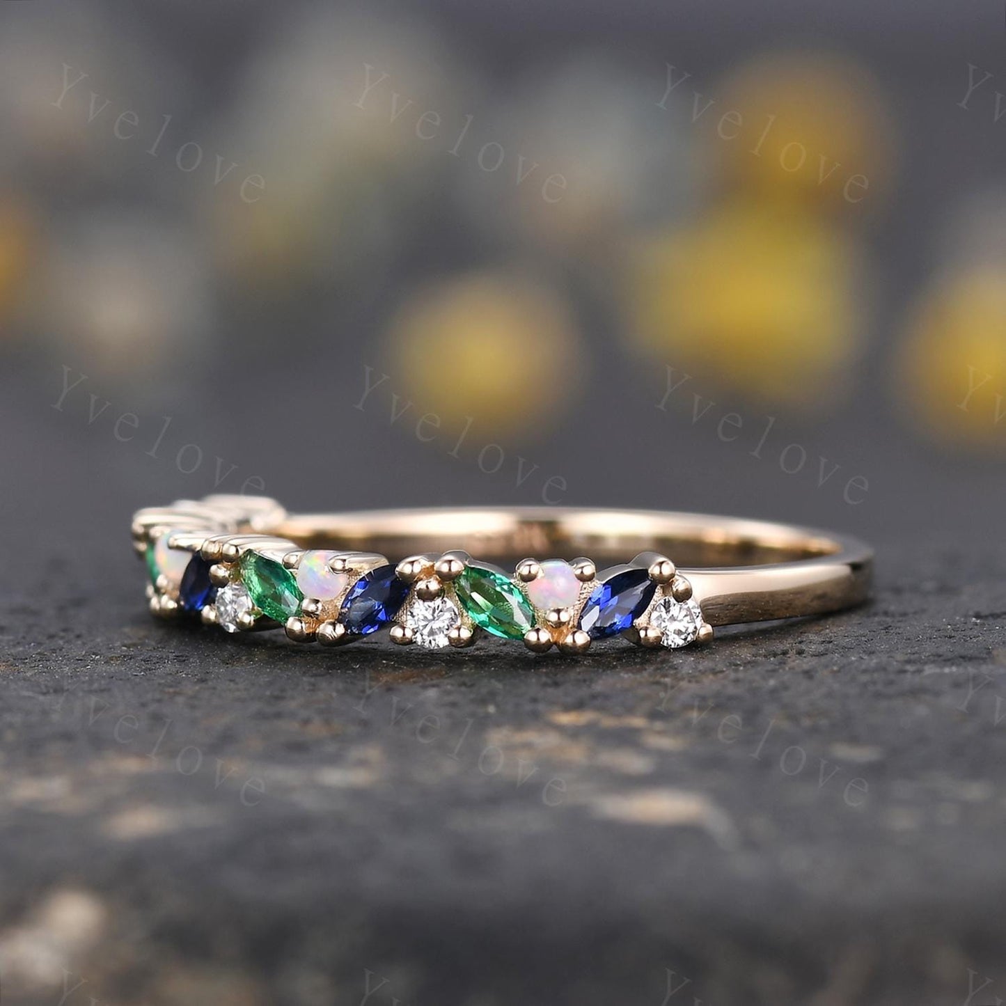 Emerald sapphire wedding band half eternity art deco opal ring gold ring marquise gems promise bridal stacking matching band May birthstone