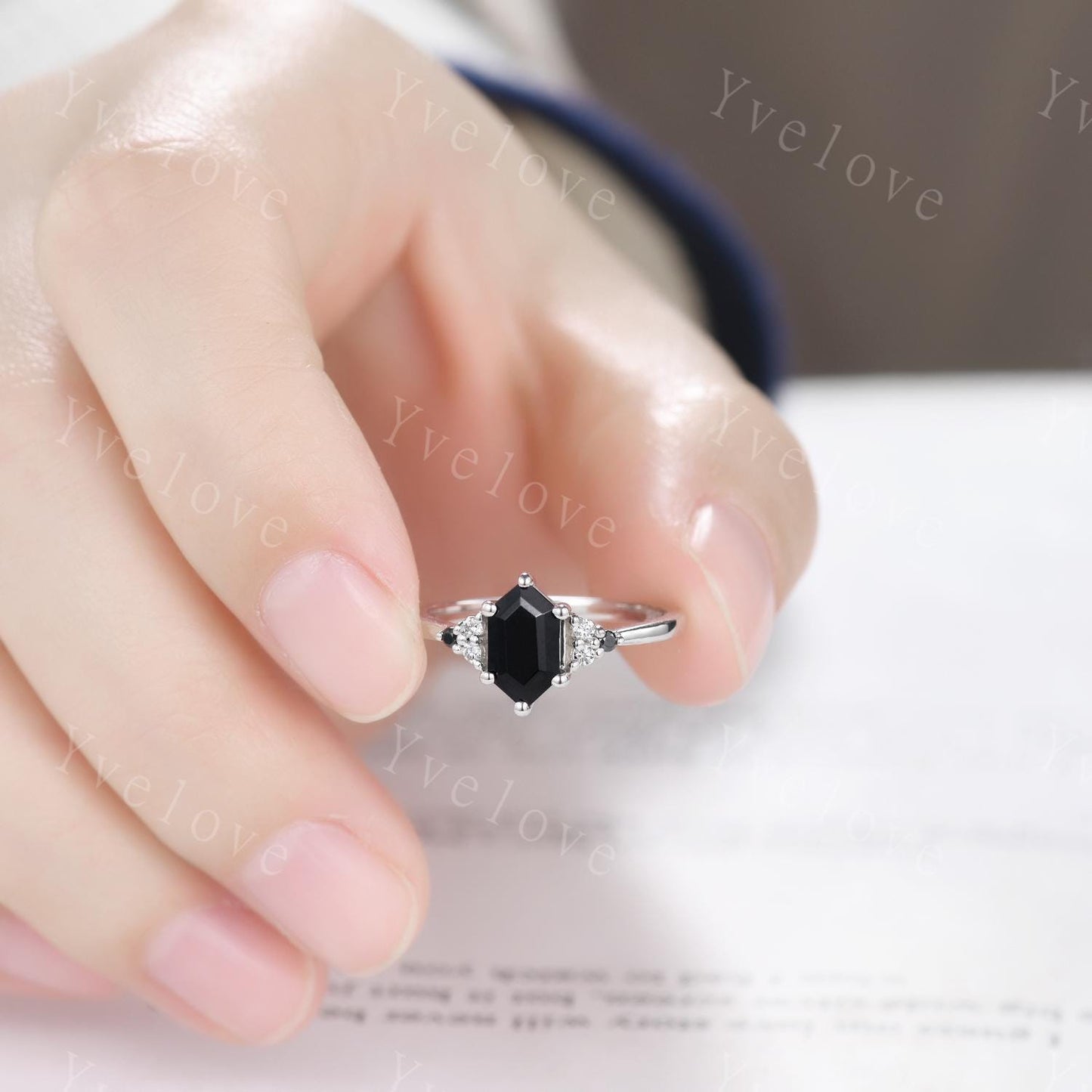 Retro hexagon Black Onyx Ring,Vintage Silver Ring Set,Unique Black Onyx Engagement Ring,Diamond Promise Ring,Anniversary Ring Gift For Her