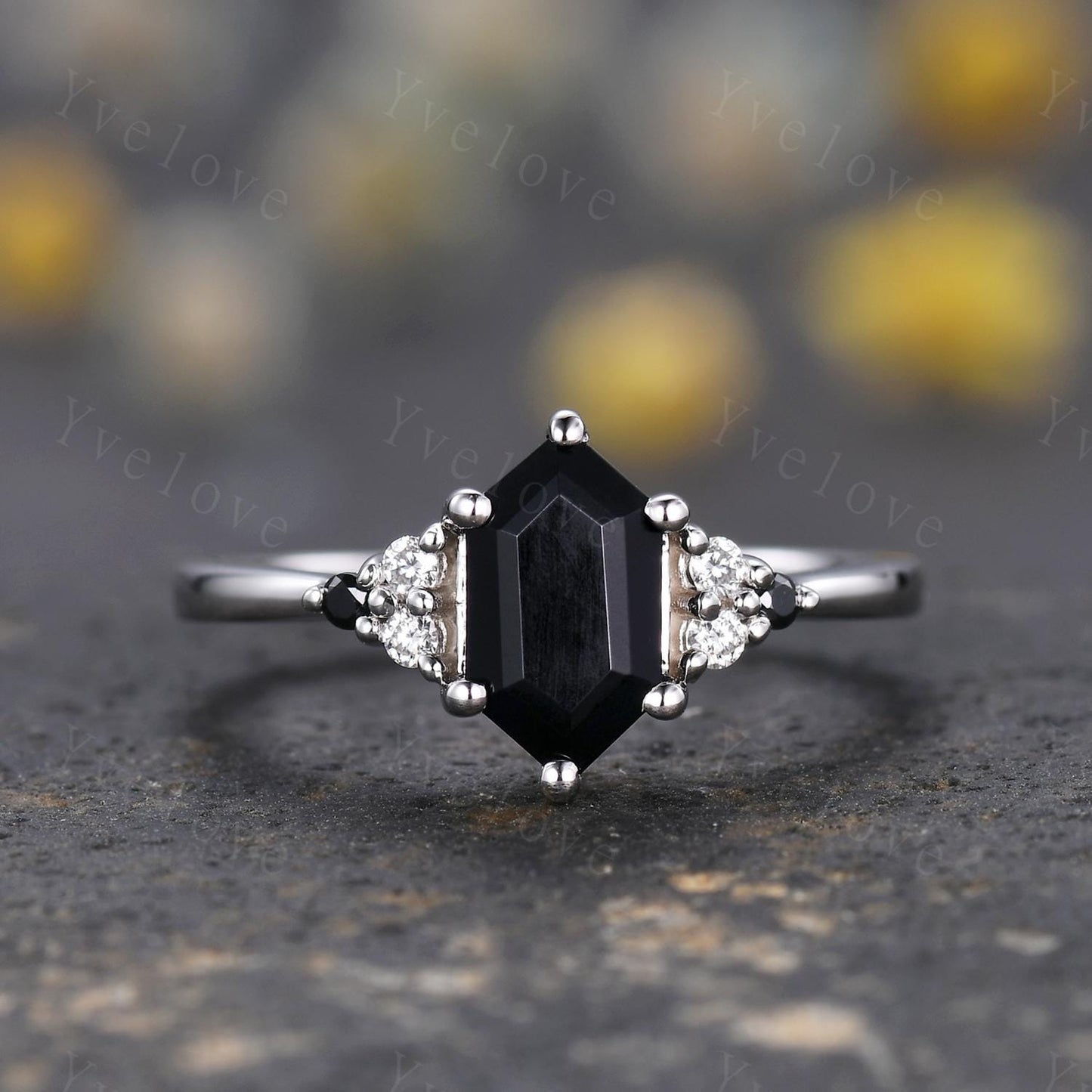 Retro hexagon Black Onyx Ring,Vintage Silver Ring Set,Unique Black Onyx Engagement Ring,Diamond Promise Ring,Anniversary Ring Gift For Her