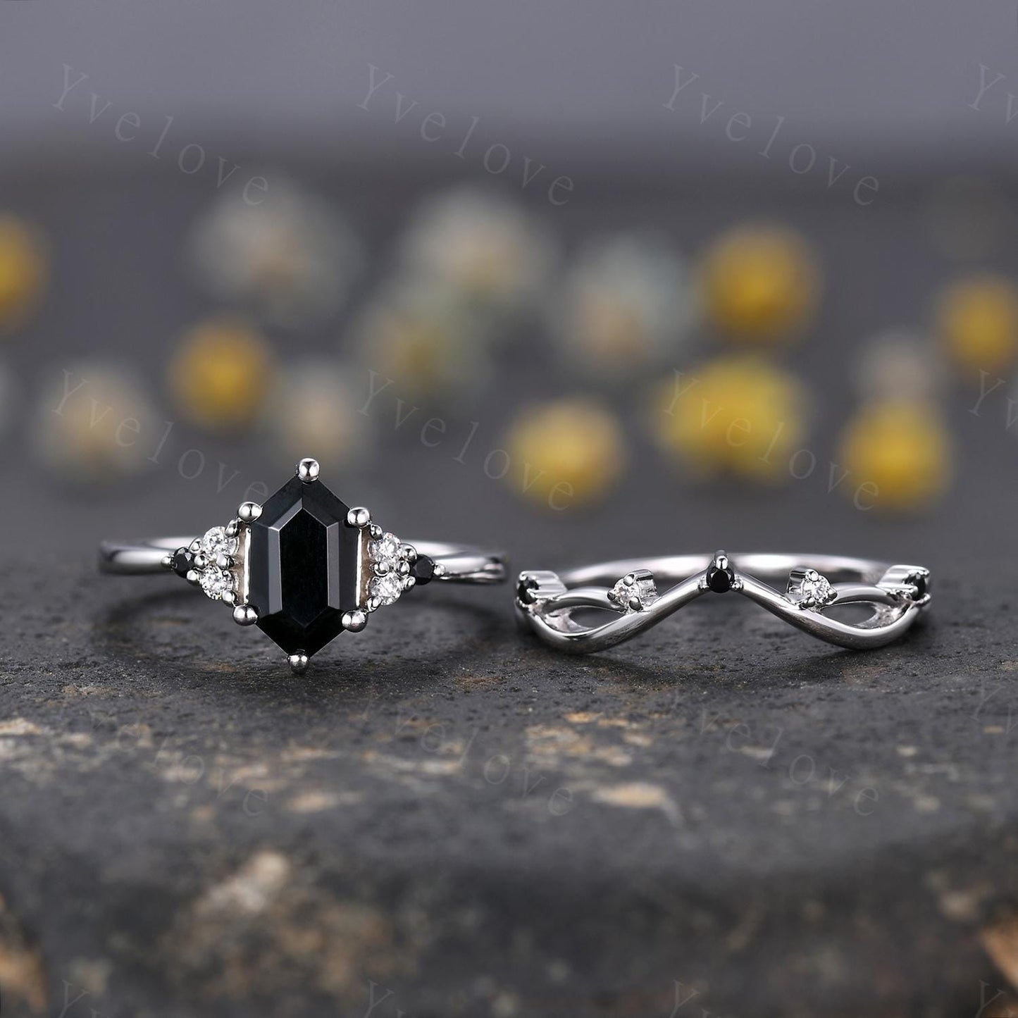 Retro hexagon Black Onyx Ring,Vintage Silver Ring Set,Unique Black Onyx Engagement Ring,Diamond Promise Ring,Anniversary Ring Gift For Her