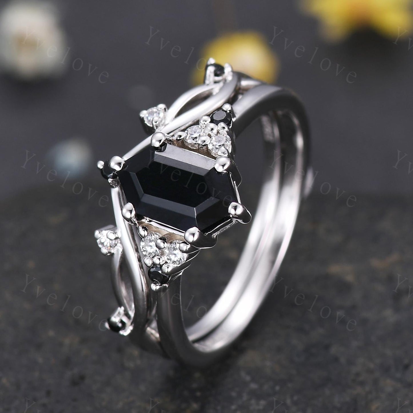 Retro hexagon Black Onyx Ring,Vintage Silver Ring Set,Unique Black Onyx Engagement Ring,Diamond Promise Ring,Anniversary Ring Gift For Her