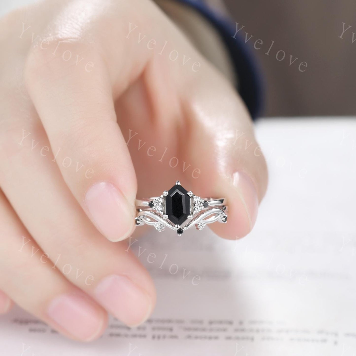 Retro hexagon Black Onyx Ring,Vintage Silver Ring Set,Unique Black Onyx Engagement Ring,Diamond Promise Ring,Anniversary Ring Gift For Her