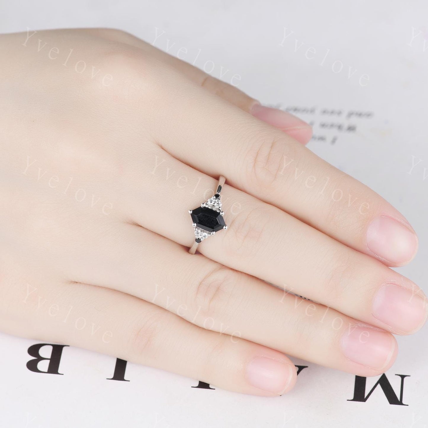 Retro hexagon Black Onyx Ring,Vintage Silver Ring Set,Unique Black Onyx Engagement Ring,Diamond Promise Ring,Anniversary Ring Gift For Her