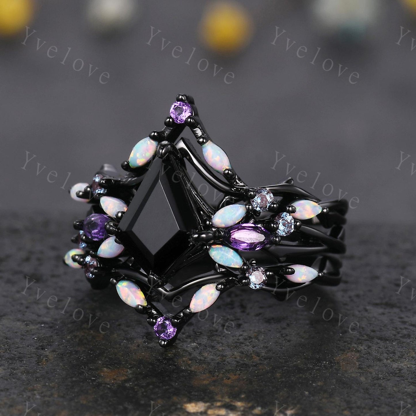 3PCS Vintage Kite Black Onyx Engagement Ring Set,Black Gold,Vines Amethyst Opal Ring,Women Bridal Ring Set,Unique Twig Promise Ring Gift