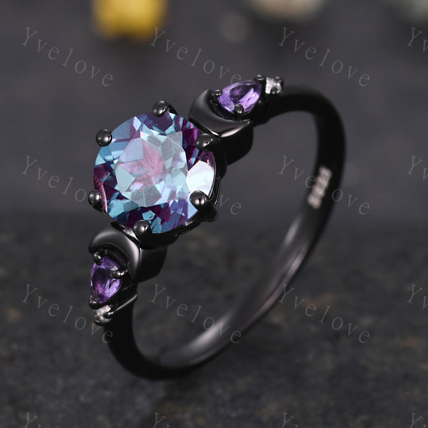 Unique round cut alexandrite ring black gold amethyst moon engagement ring diamond bridal wedding ring women jewelry promise ring gift