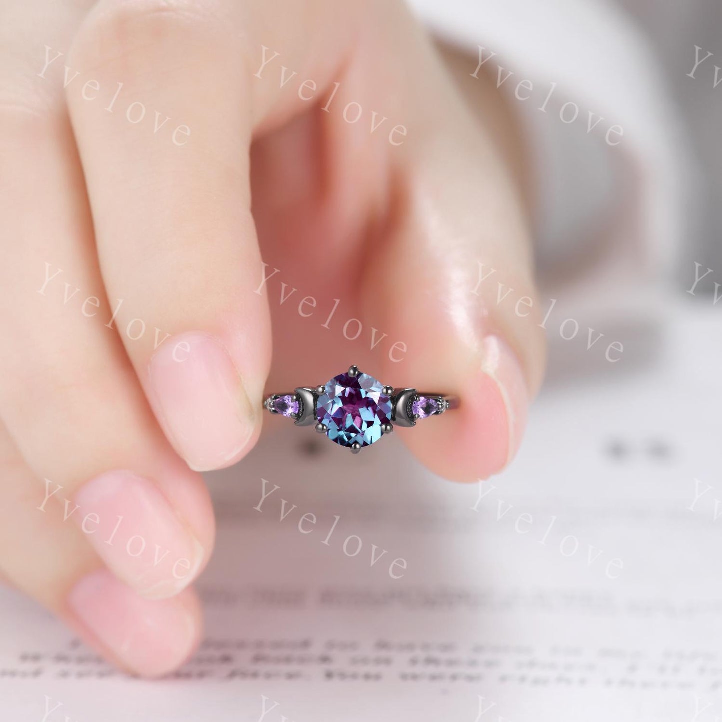 Unique round cut alexandrite ring black gold amethyst moon engagement ring diamond bridal wedding ring women jewelry promise ring gift