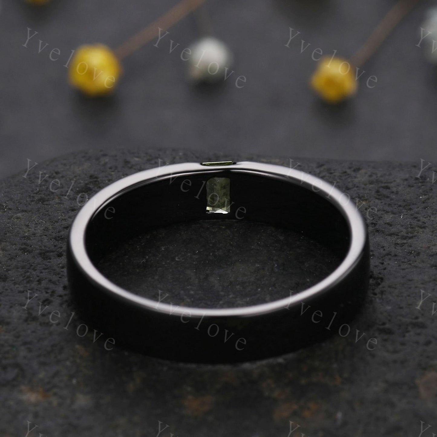 Mens Peridot Wedding Band Baguette Shaped Peridot Band 5mm Solid White Gold Ring Mens Stacking Matching Band Retro Vintage Ring Gift Custom