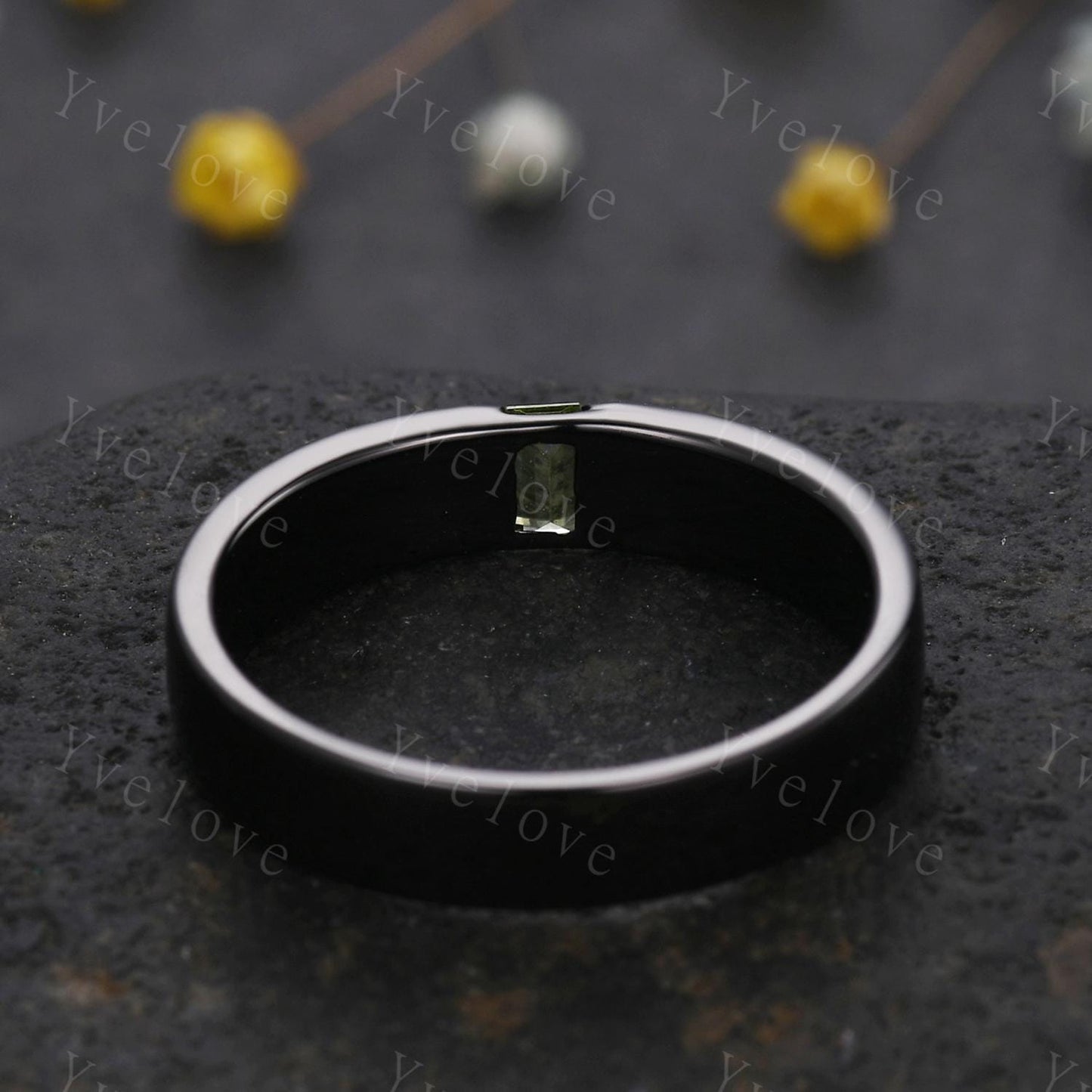 Mens Peridot Wedding Band Baguette Shaped Peridot Band 5mm Solid Black Gold Ring Mens Stacking Matching Band Retro Vintage Ring Gift Custom