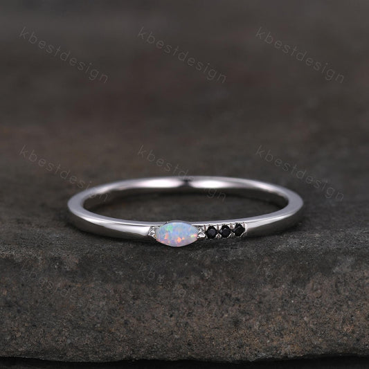 Minimalist Opal wedding band silver Black spinel band dainty marquise cut opal ring Unique stacking matching band Promise Anniversary gift