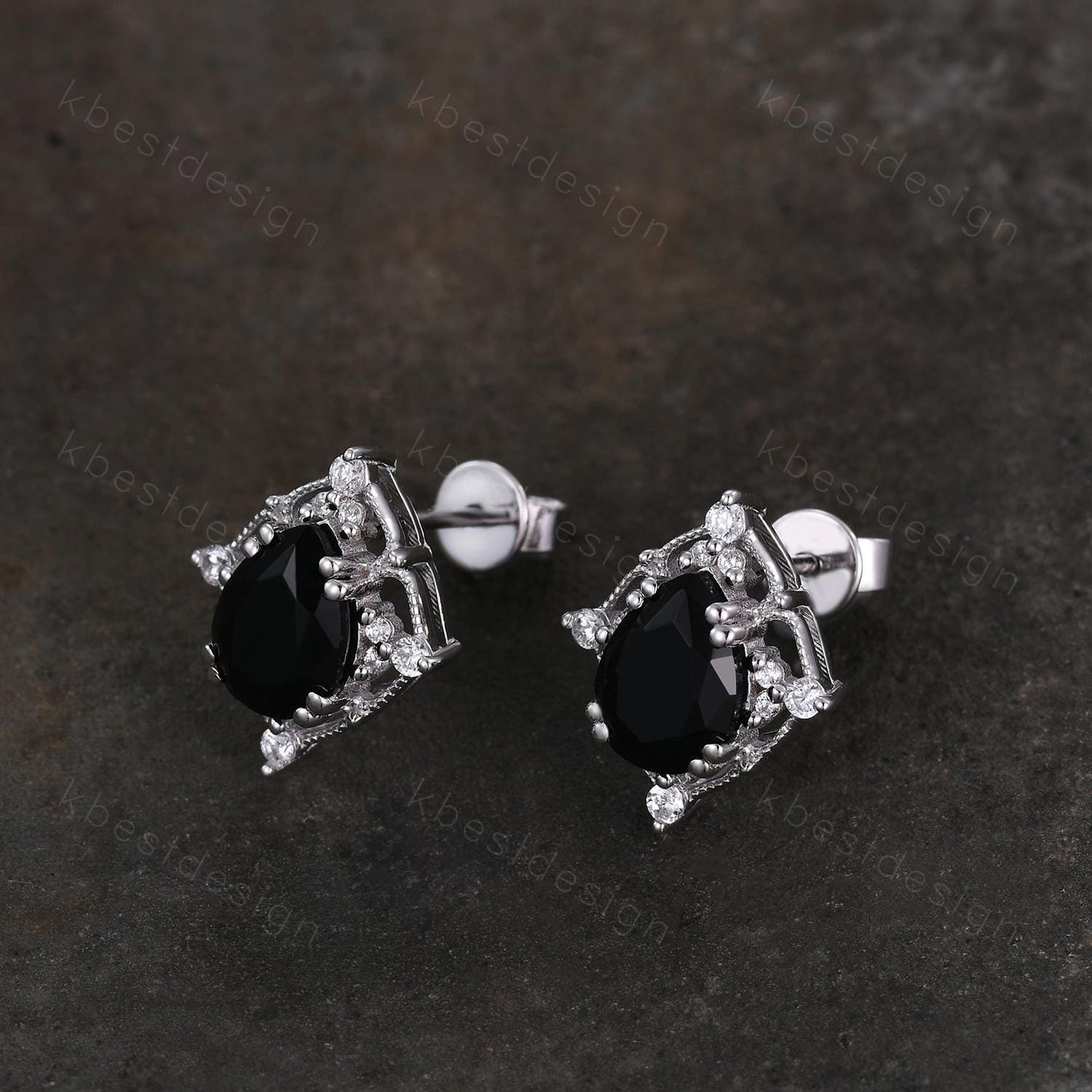 Vintage black onyx earrings women sterling silver earring studs pear cut earrings vintage black onyx studs antique anniversary gift for her