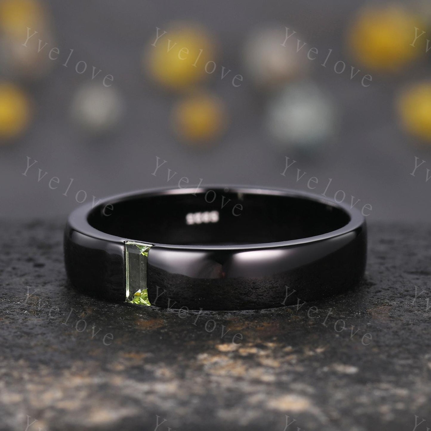 Mens Peridot Wedding Band Baguette Shaped Peridot Band 5mm Solid Black Gold Ring Mens Stacking Matching Band Retro Vintage Ring Gift Custom