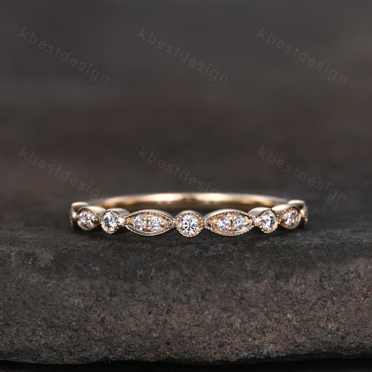 Dainty Moissanite wedding band women art deco half eternity band 14k solid gold wedding band Unique Stacking Matching anniversary ring gift