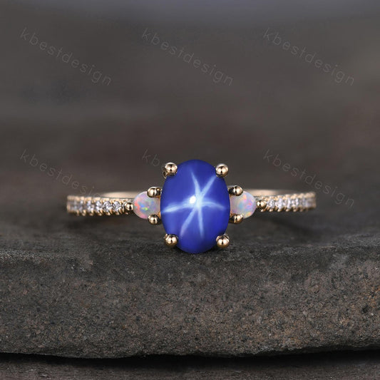 Star Sapphire Engagement Ring Oval Cut Galaxy Crystal Engagement Ring Yellow Gold Opal Three stone Ring Unique Promise Ring September Ring