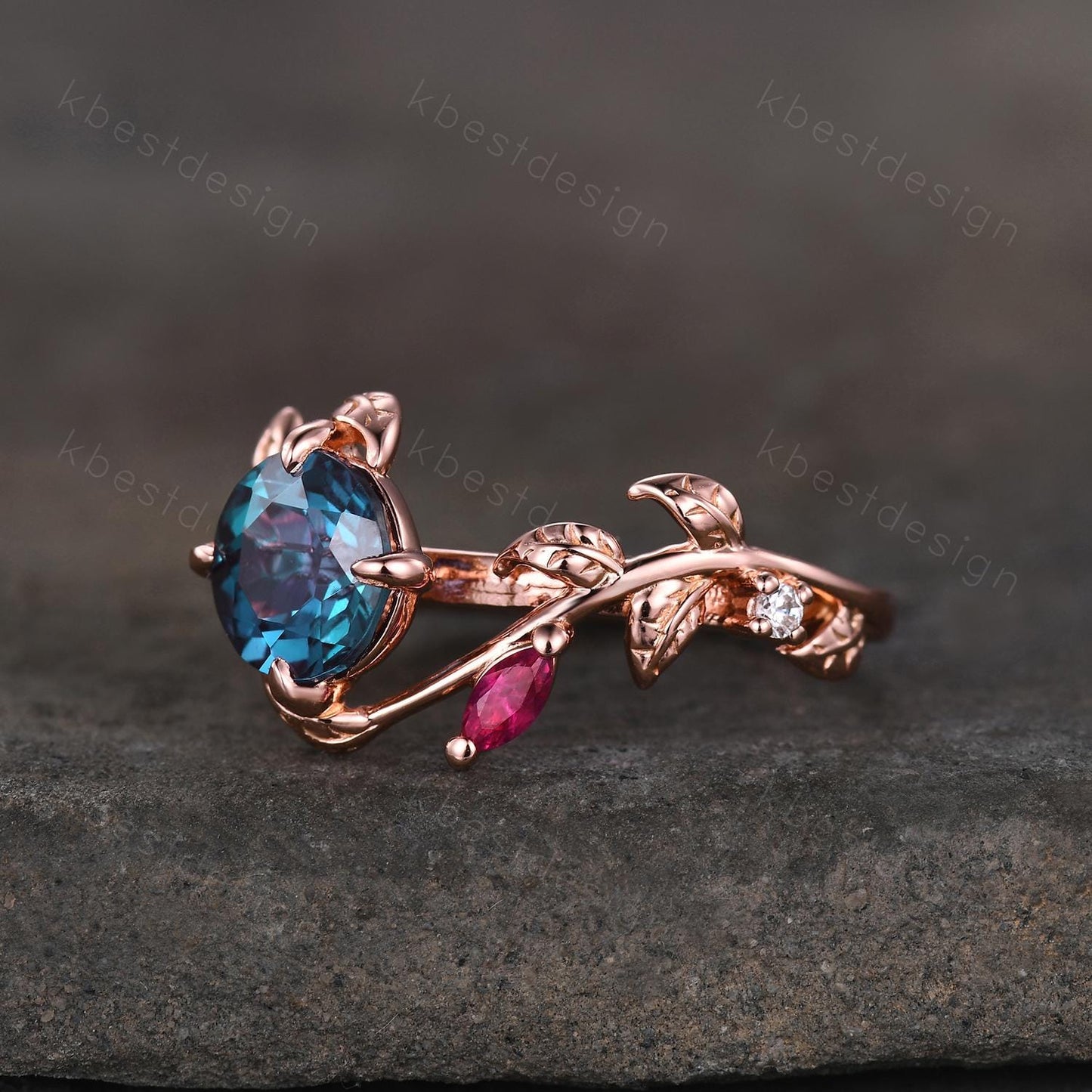 Vintage alexandrite engagement ring rose gold twig leaf ring art deco cluster peridot ruby ring nature inspired ring multi stone ring
