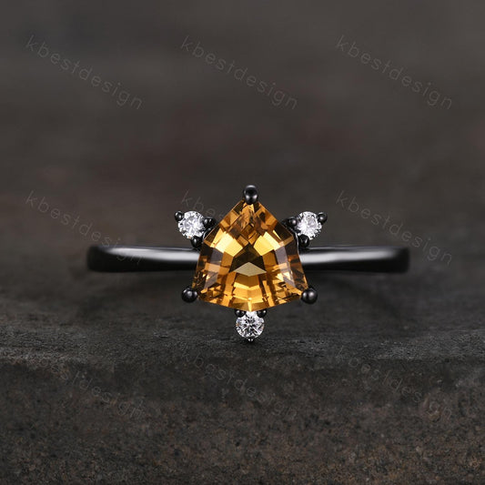 Irregular Cirtine Engagement Ring Gothic Black Gold Ring Unique Trillion Cut Citrine Ring Yellow Gemstone Solitaire Ring Promise Ring