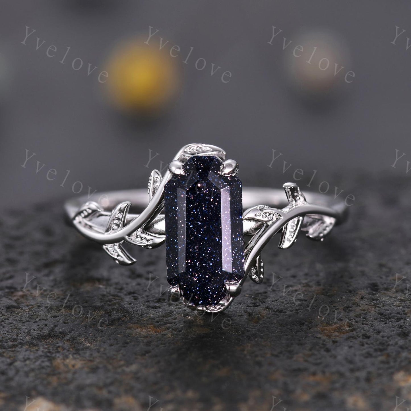 Art deco Blue Sandstone Twig Engagement Ring Set,leaves emerald ring,Silver,Curved emerald stacking wedding band,Unique Bridal Promise Gift