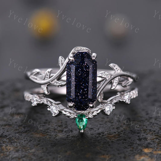 Art deco Blue Sandstone Twig Engagement Ring Set,leaves emerald ring,Silver,Curved emerald stacking wedding band,Unique Bridal Promise Gift