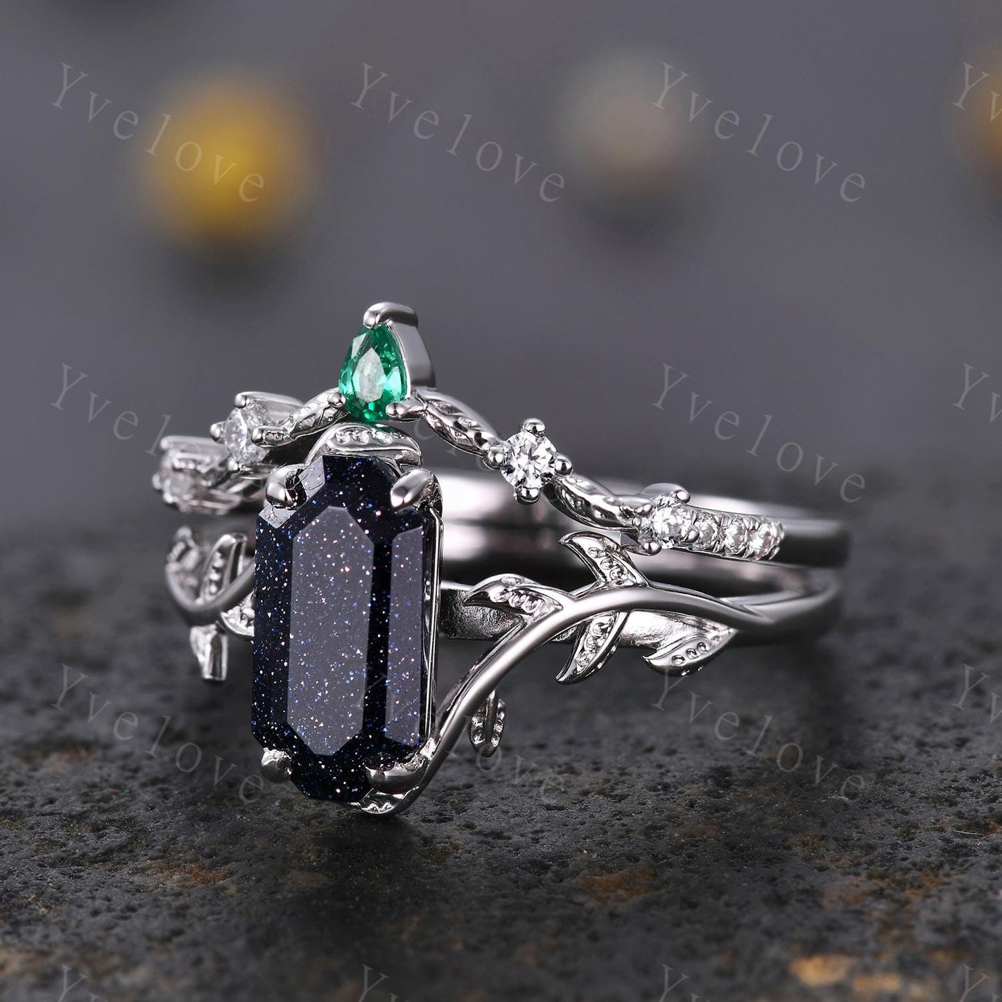 Art deco Blue Sandstone Twig Engagement Ring Set,leaves emerald ring,Silver,Curved emerald stacking wedding band,Unique Bridal Promise Gift