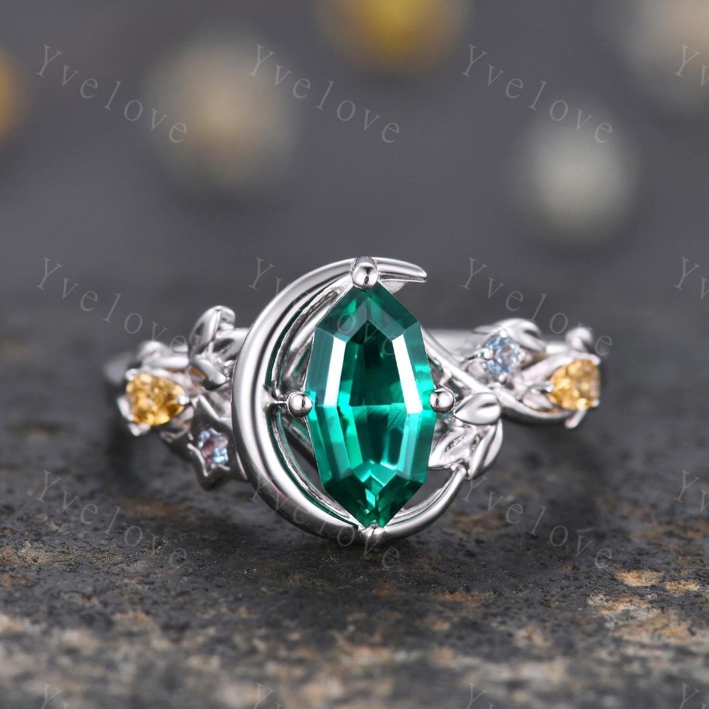 Marquise Cut Emerald Engagement Ring Celestial Moon Star Design Unique Birthstone Jewelry Gift for Her Artisan Crafted Cluster Stacking Ring