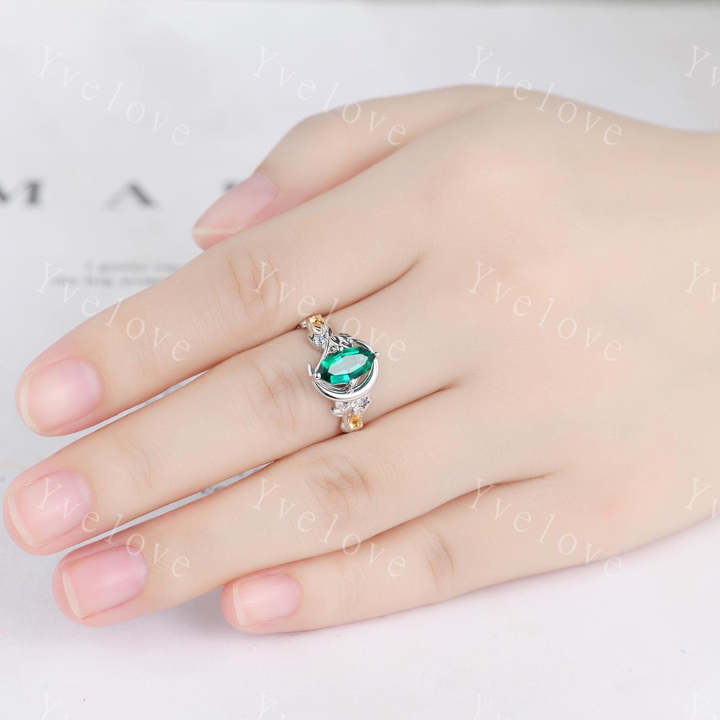 Marquise Cut Emerald Engagement Ring Celestial Moon Star Design Unique Birthstone Jewelry Gift for Her Artisan Crafted Cluster Stacking Ring