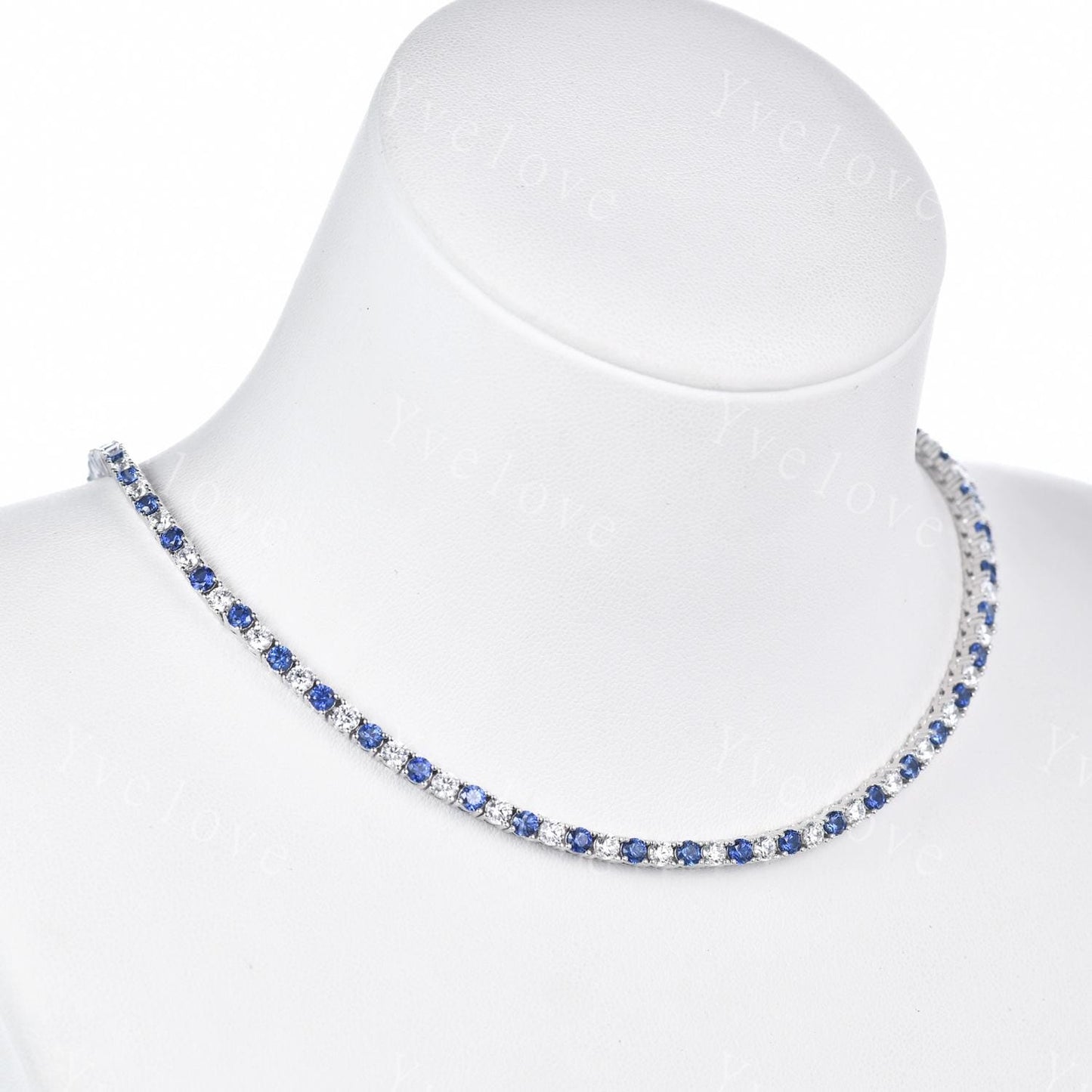 Blue Sapphire Moissanite Necklace,Chain Necklace,925 Silver,Tennis Necklace,Minimalist Necklace,Dainty Necklace,Anniversary Gift for Her