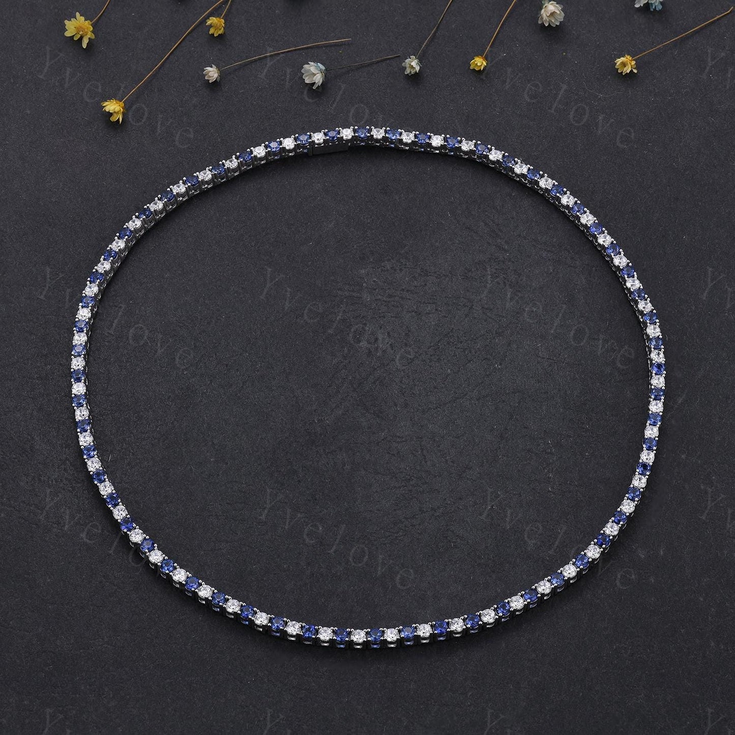 Blue Sapphire Moissanite Necklace,Chain Necklace,925 Silver,Tennis Necklace,Minimalist Necklace,Dainty Necklace,Anniversary Gift for Her