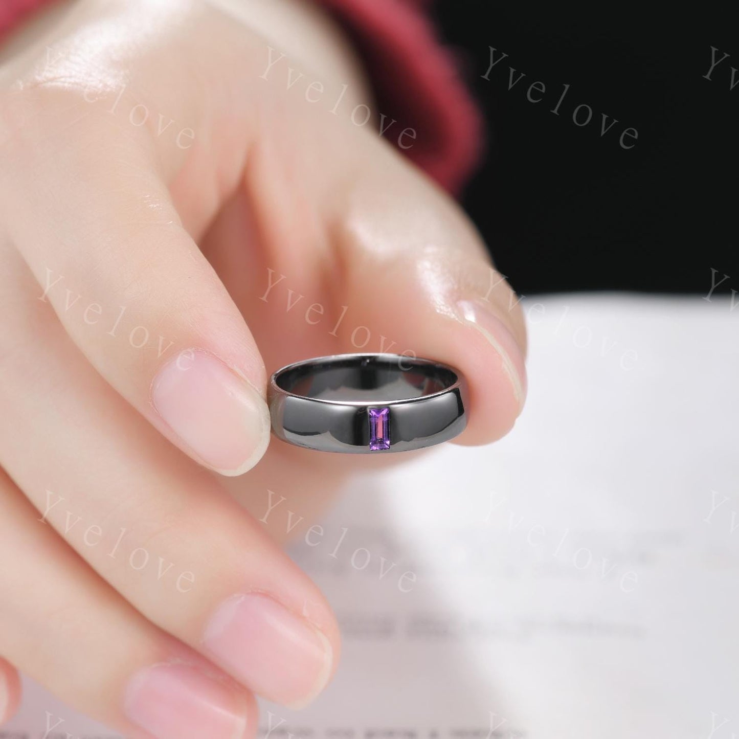 Mens Amethyst Wedding Band Baguette Amethyst Band 5mm Black Gold Ring Bezel Set Mens Smooth Stacking Matching Band Retro Vintage Ring Gift