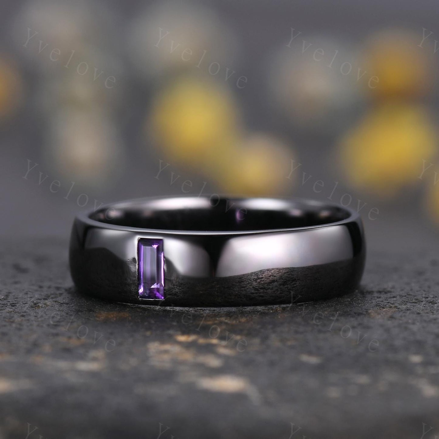 Mens Amethyst Wedding Band Baguette Amethyst Band 5mm Black Gold Ring Bezel Set Mens Smooth Stacking Matching Band Retro Vintage Ring Gift