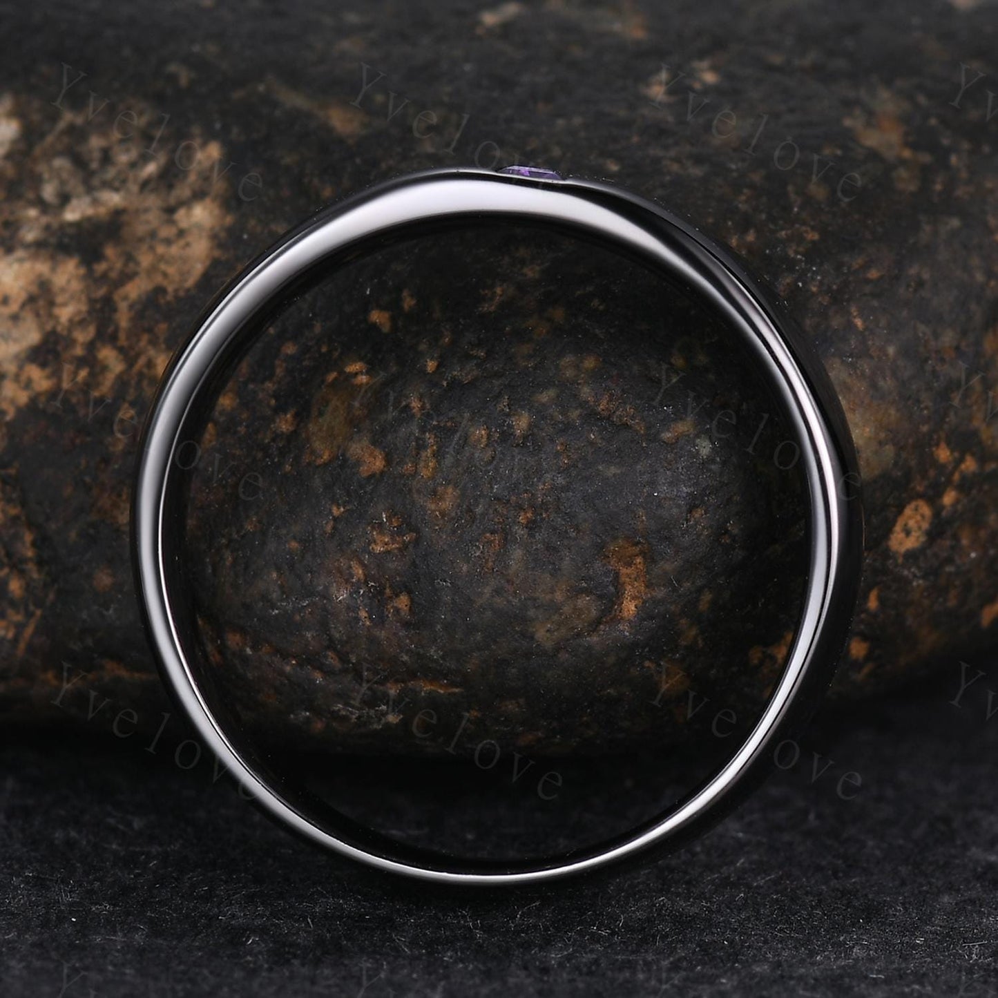 Mens Amethyst Wedding Band Baguette Amethyst Band 5mm Black Gold Ring Bezel Set Mens Smooth Stacking Matching Band Retro Vintage Ring Gift