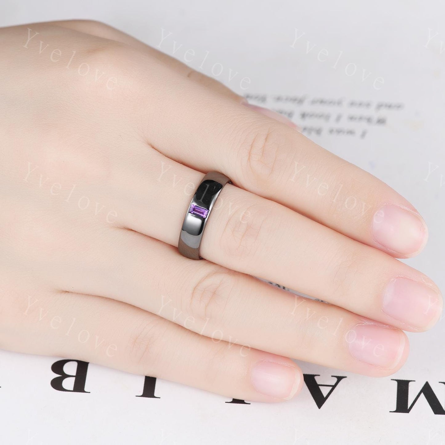 Mens Amethyst Wedding Band Baguette Amethyst Band 5mm Black Gold Ring Bezel Set Mens Smooth Stacking Matching Band Retro Vintage Ring Gift