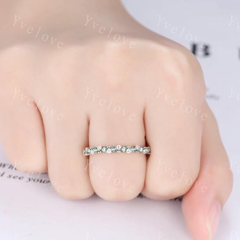 Marquise moss agate wedding band vintage green agate ring diamond antique unique stacking band anniversary promise ring matching band gold