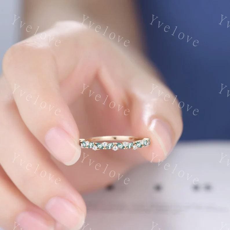 Marquise moss agate wedding band vintage green agate ring diamond antique unique stacking band anniversary promise ring matching band gold